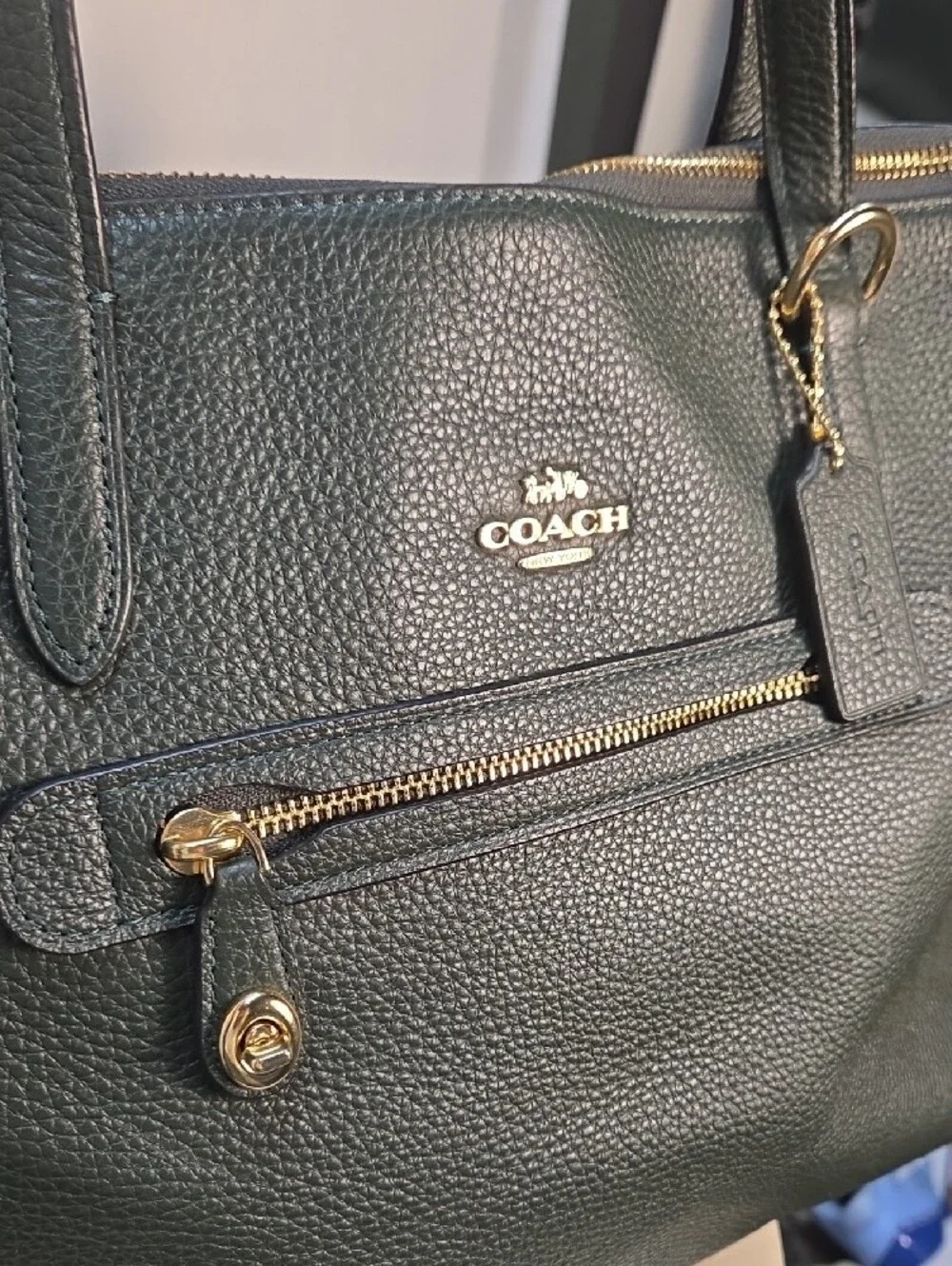 Coach Taylor Pebbled Leather Tote in Dark Green with Gold Hardware - Picture 3 of 12